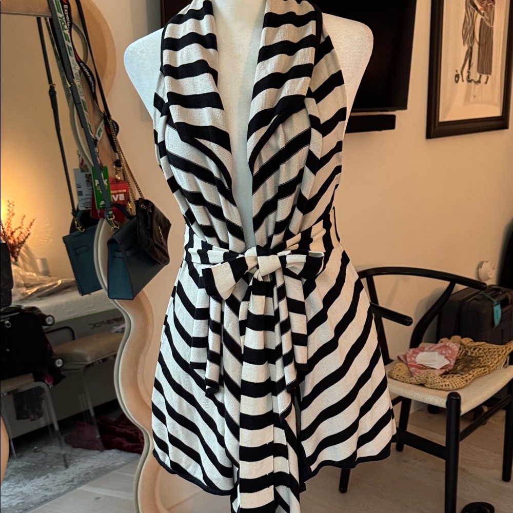 DVF Black and White Striped sweater vest with Tie Waist